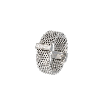 Buy rhodium 925 Italian Silver Ring, Mesh, 7.5 mm, Cubic Zirconia Bar