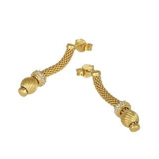 925 Italian Silver Earrings, Dewdrop, Swirl Bead + Cubic Zirconia Roundel, Gold Plated