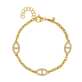 925 Italian Silver Bracelet, Marina Links, Anchor, 3 x Two Side Cubic Zirconia, 17+3cm