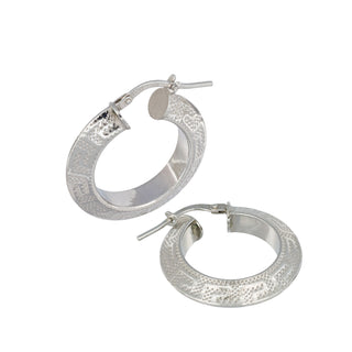 Buy rhodium 925 Italian Silver Earring, Greek Pattern Hoop, Triangle Tube, 23mm