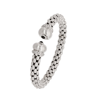 Buy rhodium 925 Italian Silver Bangle, Popcorn, 8mm, Button Cap, Cubic Zirconia, Onyx, Rhodium