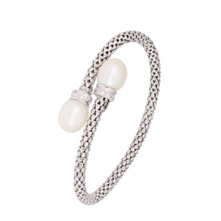 Buy rhodium 925 Italian Silver Bangle, Popcorn, 4mm, 10 Oval Pearl, Cubic Zirconia x2