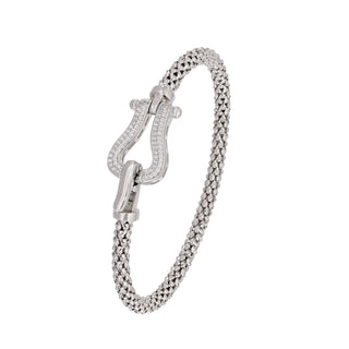 Buy rhodium 925 Italian Silver Bangle, Popcorn, 4mm, Horseshoe Clasp, Cubic Zirconia