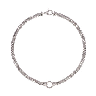 Buy rhodium 925 Italian Silver Necklace, Flat Popcorn, 6.5mm, Cubic Zirconia Round, 43cm