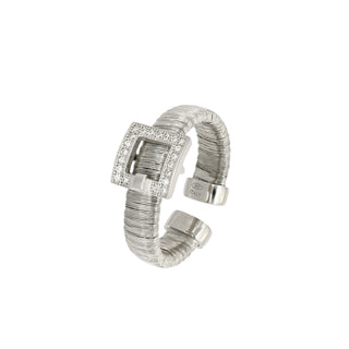 Buy rhodium 925 Italian Silver Ring, Spiral, Cubic Zirconia Buckle, 5mm, US6, Open Shank